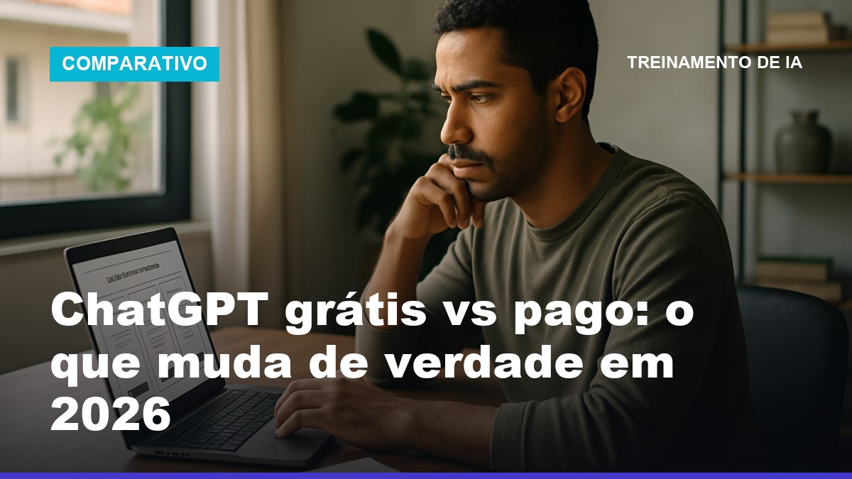 Profissional brasileiro comparando planos do ChatGPT grátis e pago na tela do notebook