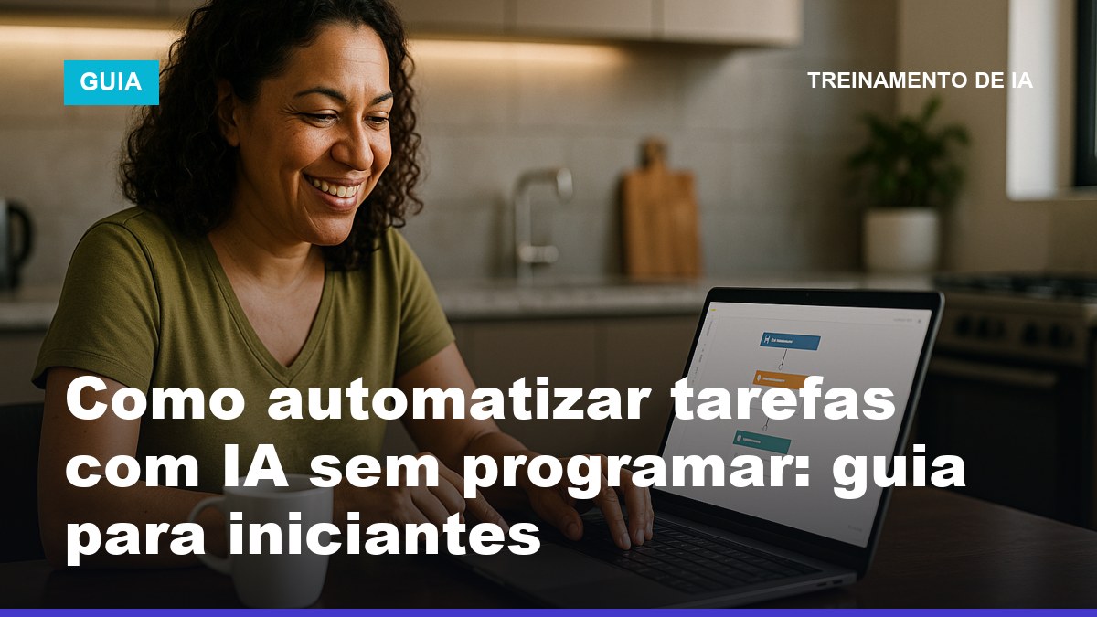 Empreendedora brasileira automatizando tarefas com IA sem programar usando ferramenta no-code no notebook