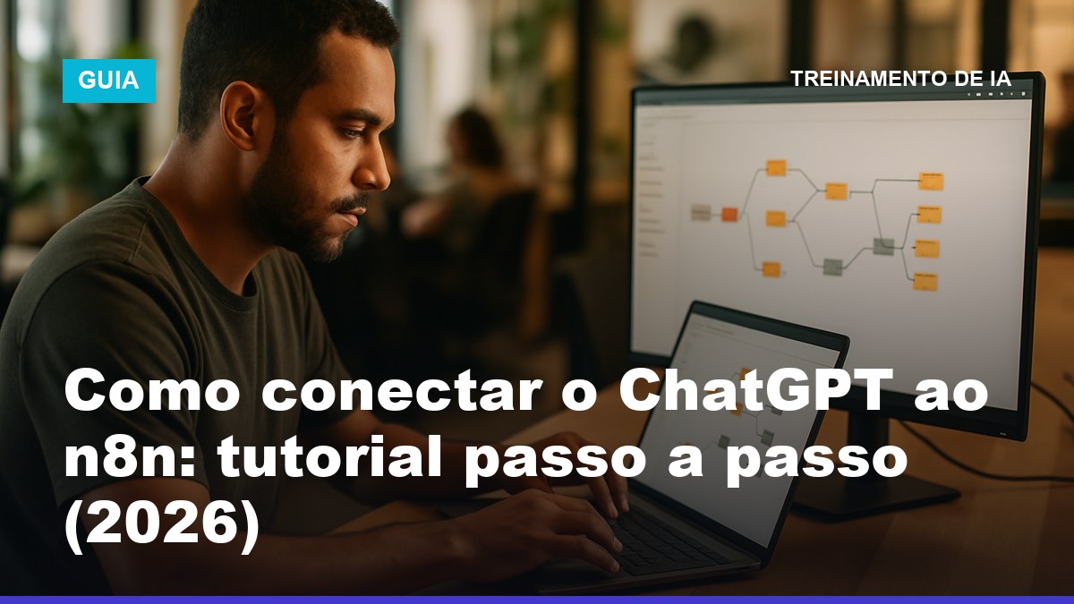 Profissional brasileiro conectando o ChatGPT ao n8n no notebook, com fluxo de automação visual aberto na tela