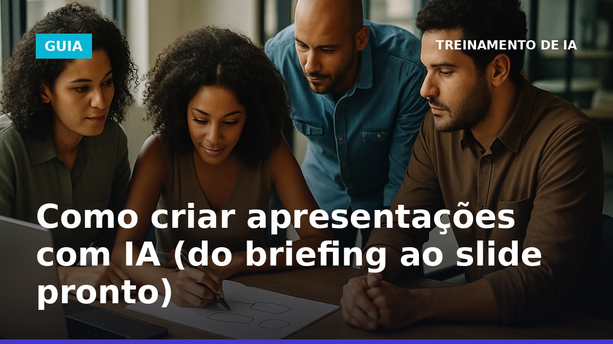 Profissionais brasileiros criando apresentação com IA, discutindo ideias antes de gerar slides
