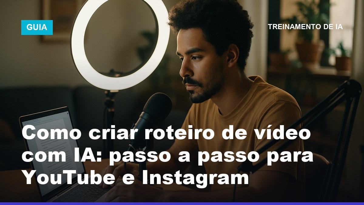 Criador de conteúdo brasileiro revisando roteiro de vídeo gerado por IA antes de gravar no estúdio caseiro