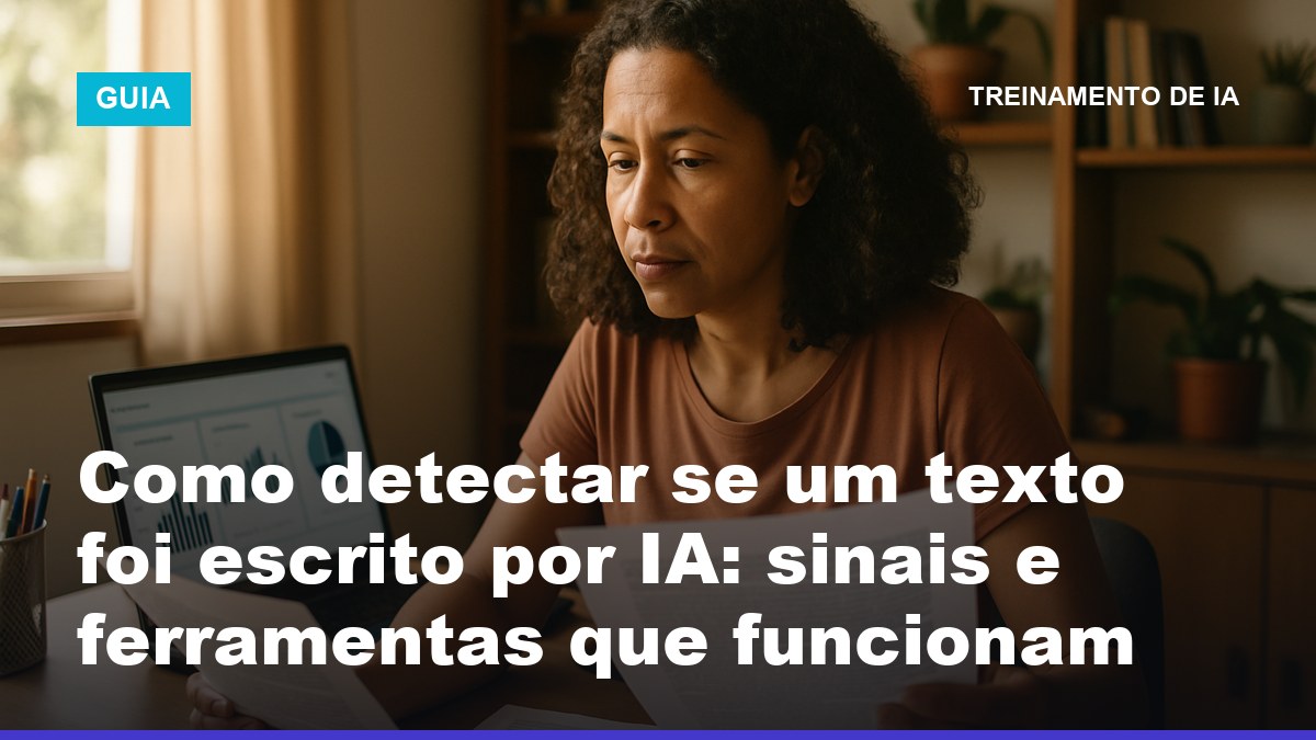 Professora analisa em notebook resultado de detector de texto escrito por IA comparando duas redações impressas