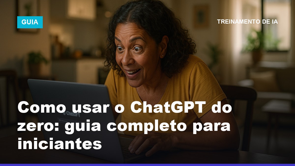 Mulher brasileira iniciante acessando o ChatGPT pela primeira vez no computador, aprendendo como usar ChatGPT do zero