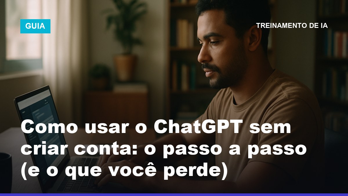 Homem brasileiro usando o ChatGPT sem criar conta no notebook, digitando na caixa de mensagem sem fazer login