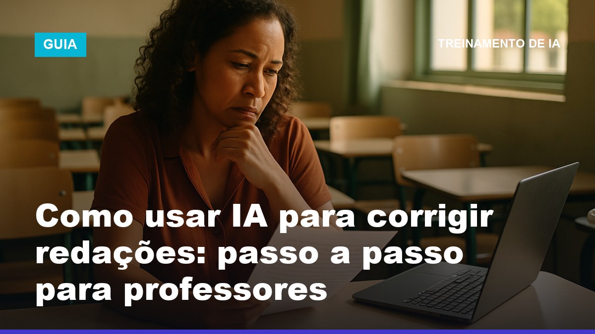 Professora corrigindo redação de aluno com apoio de IA no notebook em sala de aula