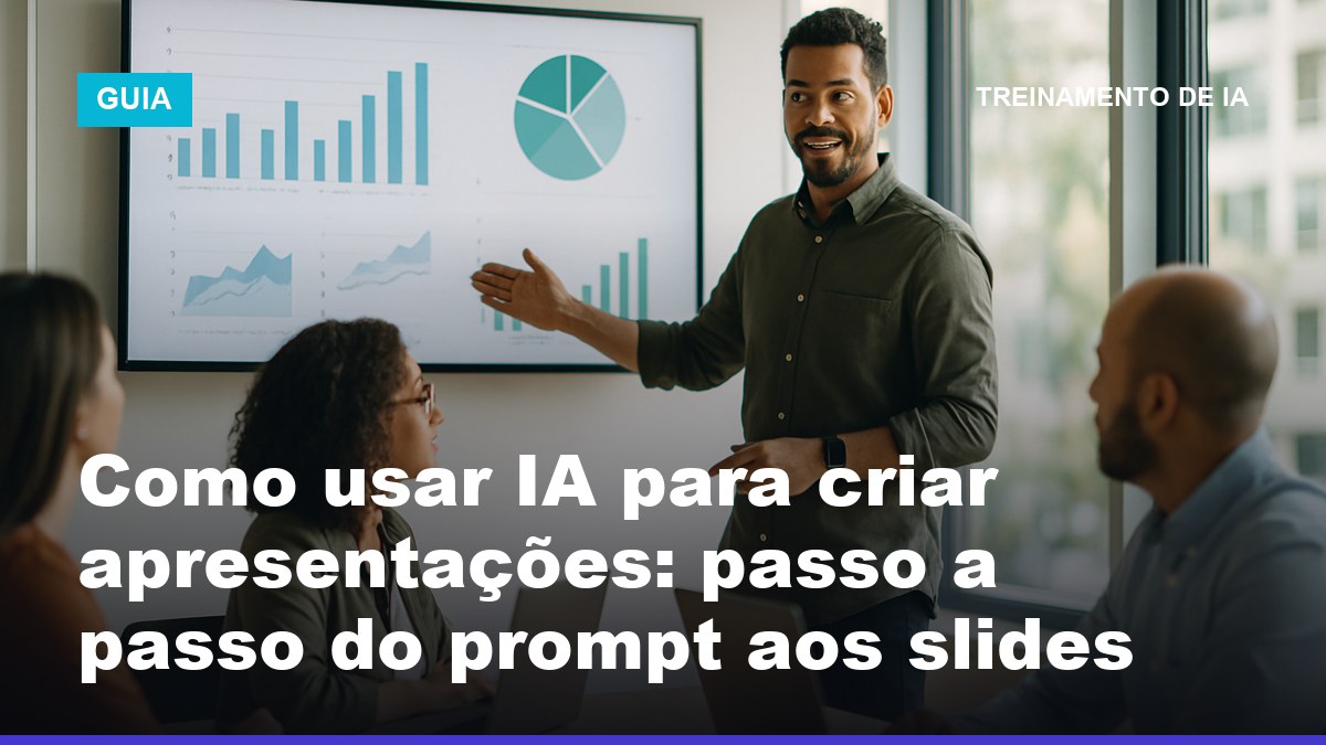 Profissional brasileiro apresentando slides criados com IA para colegas em reunião de escritório