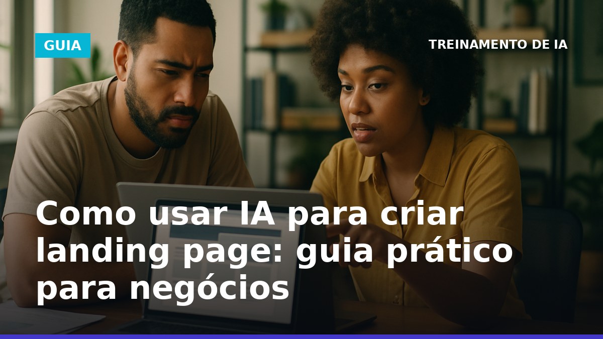 Dois profissionais brasileiros analisando landing page criada com IA em notebook.