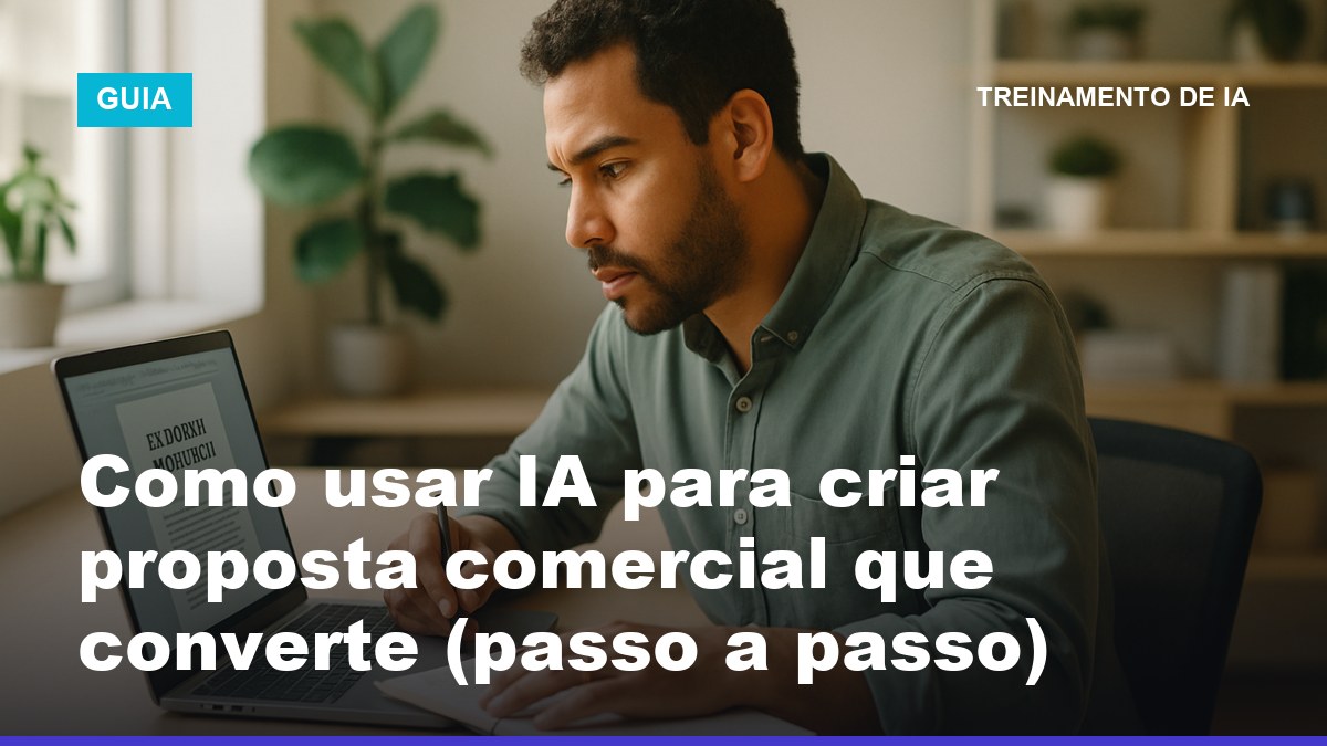 Empresário brasileiro criando proposta comercial com IA no notebook, revisando o documento gerado na tela do escritório