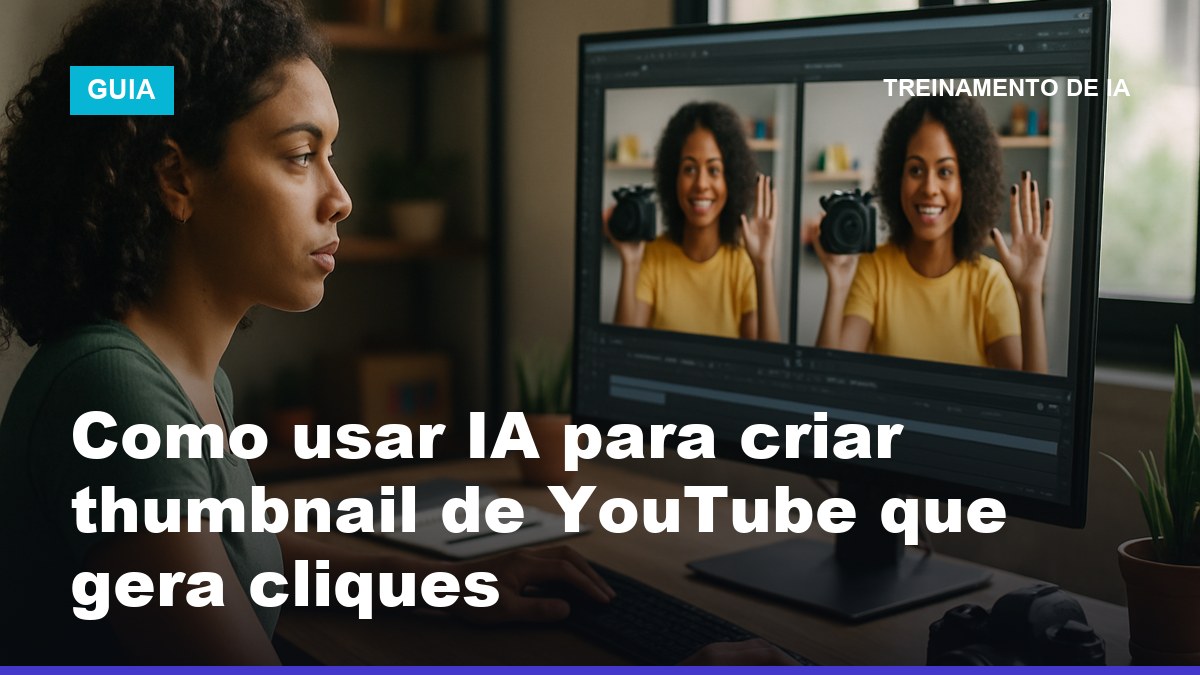 Criadora brasileira usando IA para criar thumbnail de YouTube e comparando versões na tela do computador