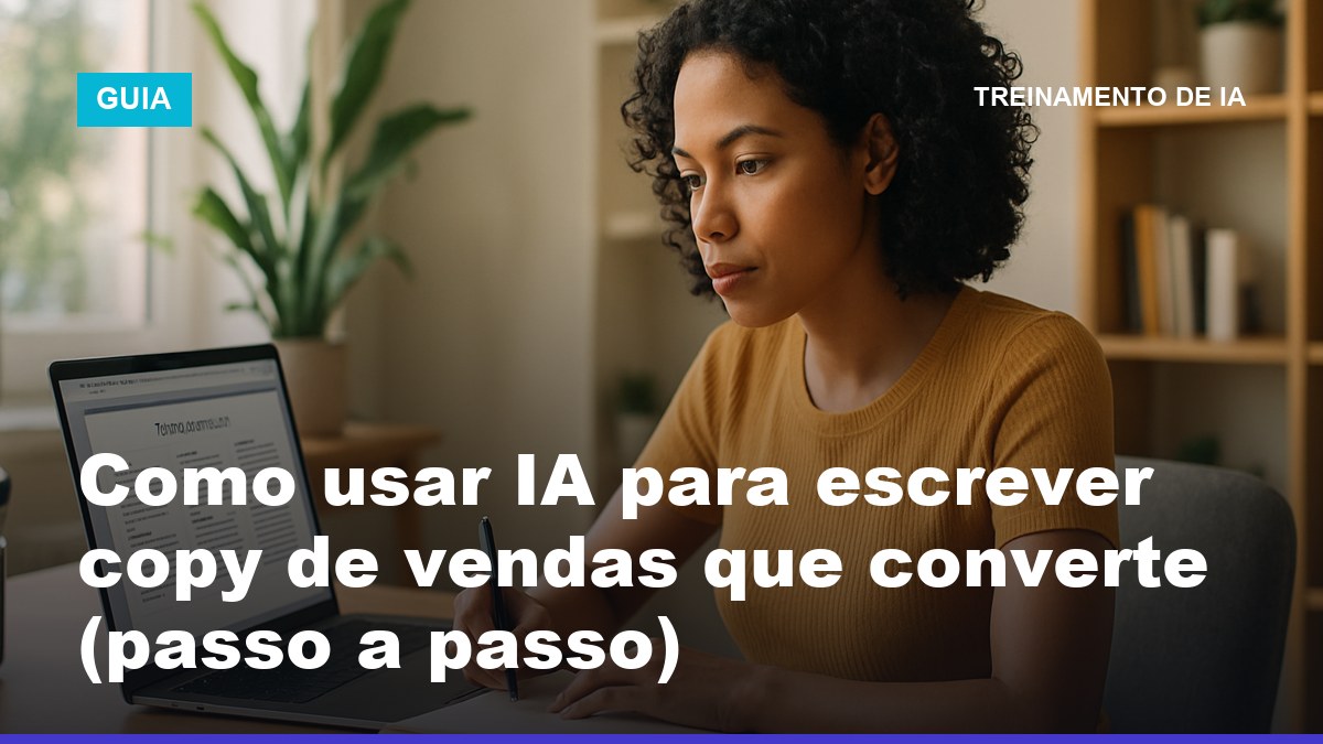 Profissional de marketing brasileira escrevendo copy de vendas com IA no notebook, revisando as variações de texto geradas na tela