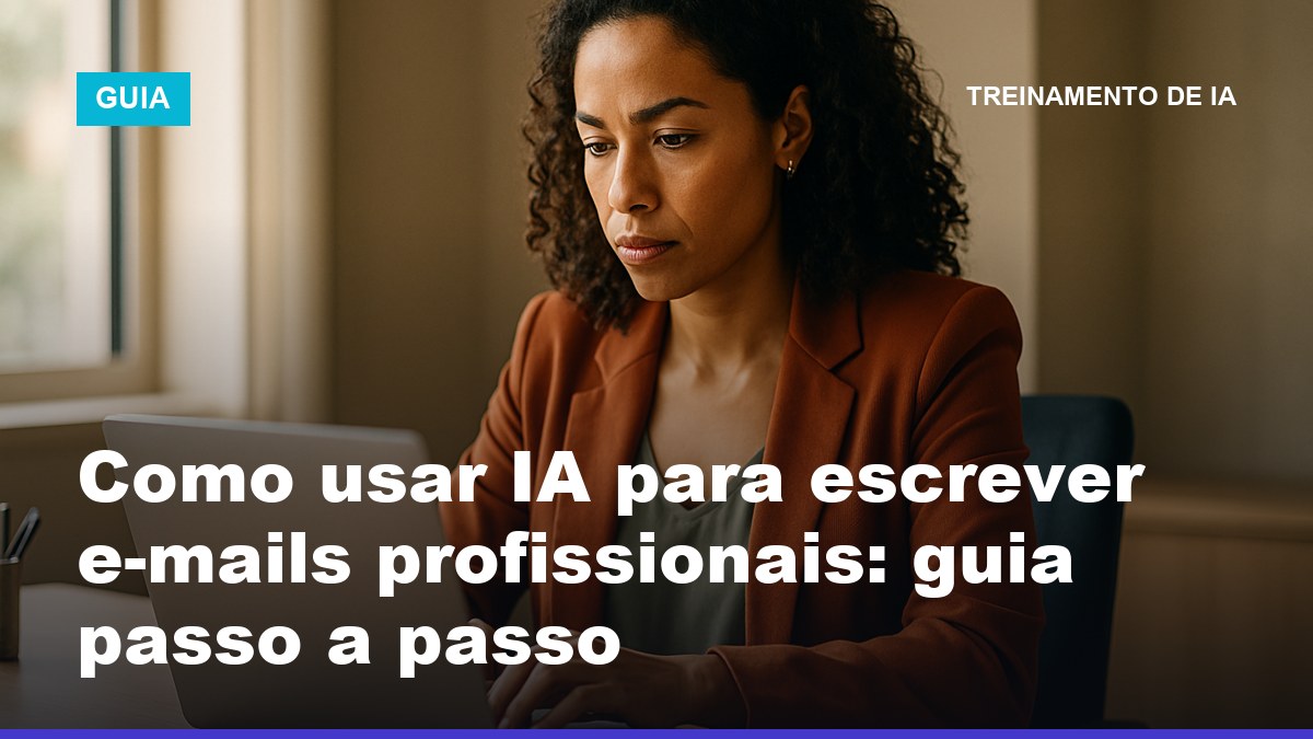 Profissional brasileira escrevendo e-mail profissional com ajuda de inteligência artificial no computador