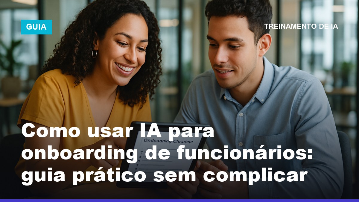 Gestora de RH brasileira apresentando trilha de onboarding digital com IA para novo funcionário em escritório moderno