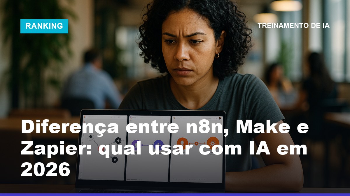Freelancer brasileira comparando ferramentas de automação com IA sem programar—n8n, Make e Zapier—no laptop