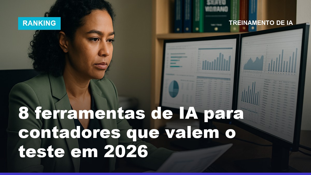 Contadora brasileira analisando relatórios fiscais com auxílio de IA em escritório contábil organizado