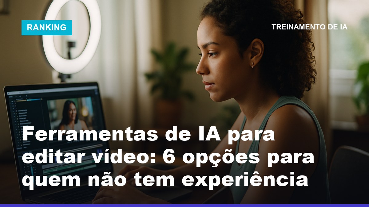 Criadora usando ferramentas de IA para editar vídeo no notebook com timeline e legendas na tela