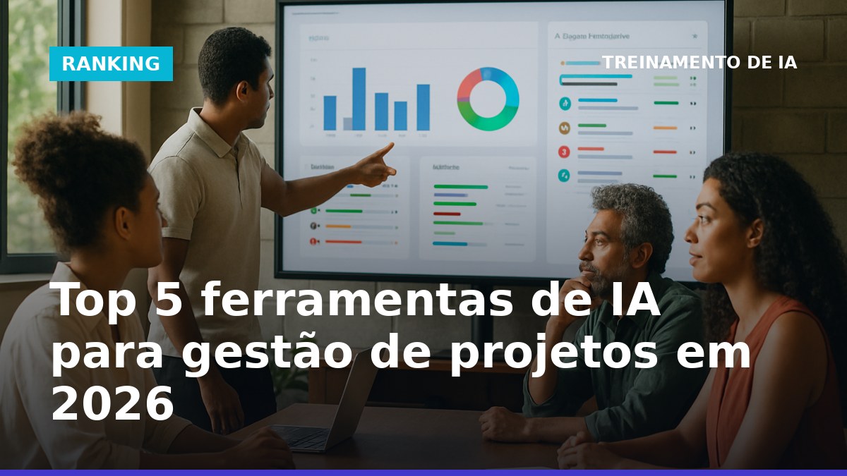 Profissionais brasileiros analisando painel de gestão de projetos com IA em escritório moderno