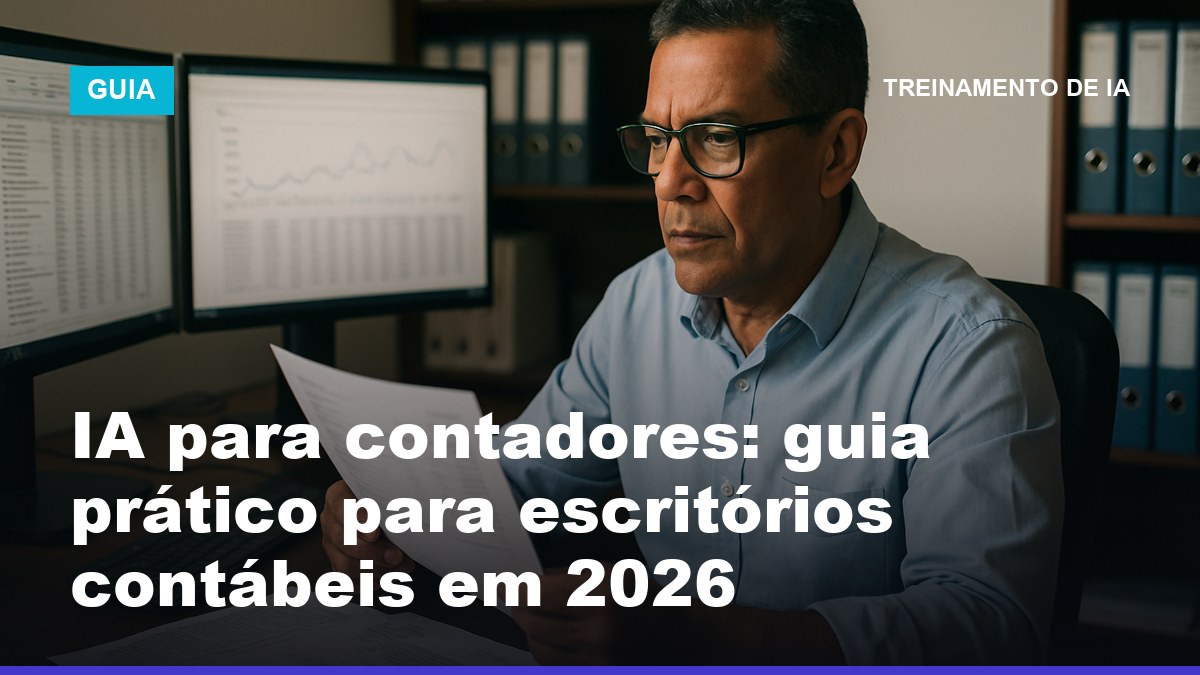 Contador brasileiro analisando documentos fiscais com auxílio de IA em escritório contábil organizado