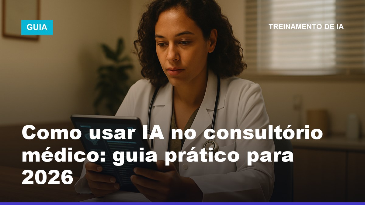 Médica brasileira analisando notas geradas por IA no tablet dentro do consultório, usando IA para médicos
