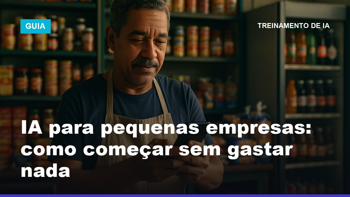 Dono de pequena empresa brasileira usando IA no celular para gerenciar negócio, mostrando IA para pequenas empresas