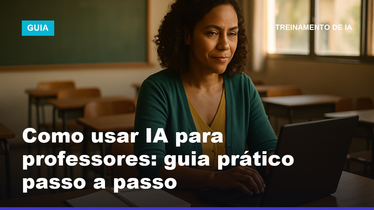 Professora brasileira usando IA no laptop para criar plano de aula em sala de aula iluminada