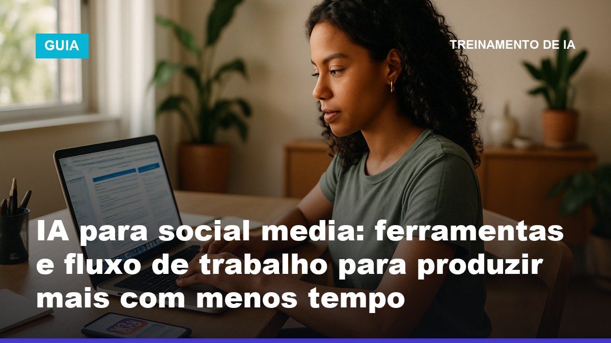 Profissional de social media brasileira usando inteligência artificial para criar conteúdo e gerenciar redes sociais com eficiência