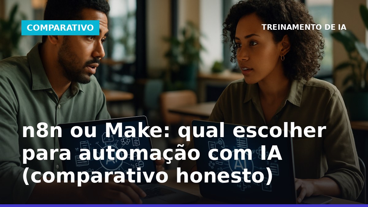 Dois profissionais brasileiros analisando automações com IA em notebooks, comparando n8n e Make.