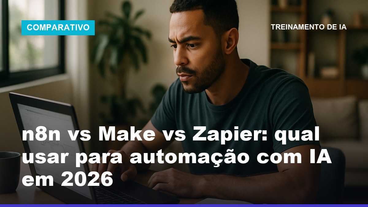 Profissional comparando n8n, Make e Zapier para automação com IA no notebook