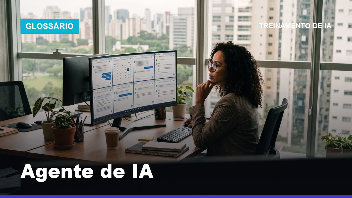 Profissional brasileira observando agente de IA executando tarefas automaticamente em múltiplas janelas no computador