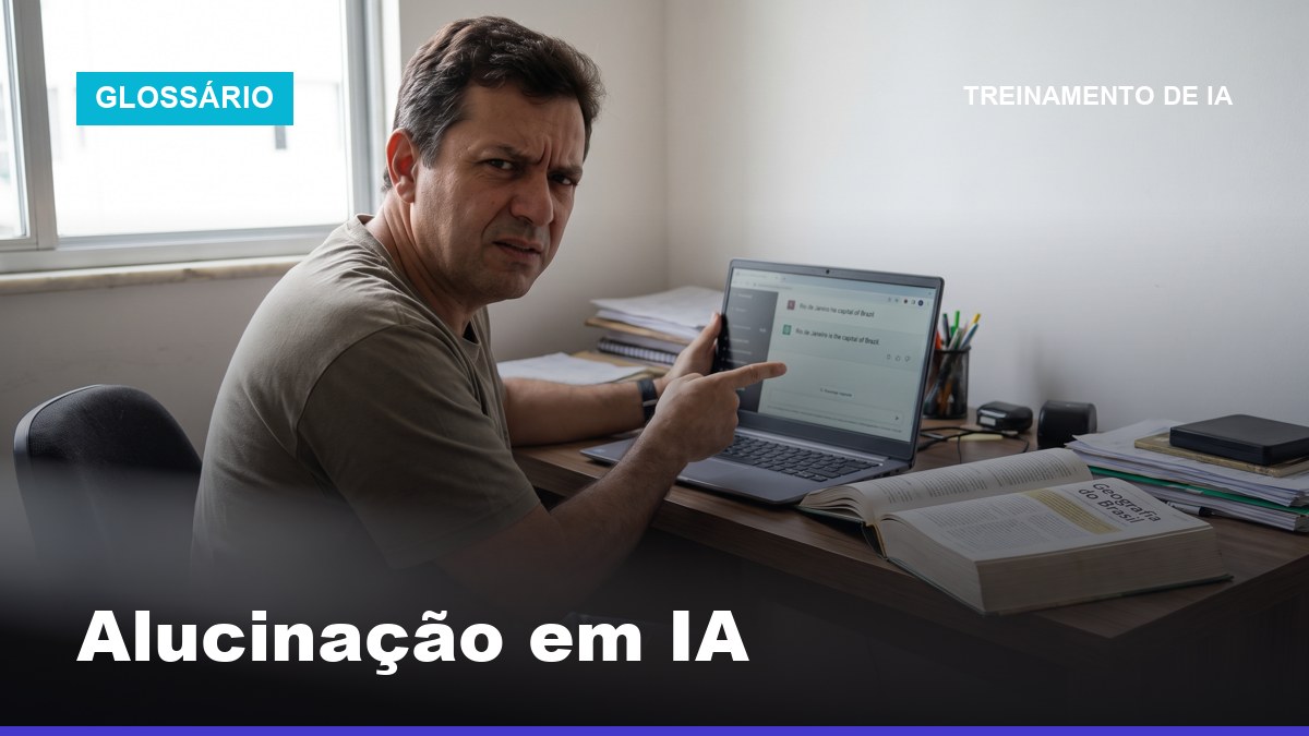 Homem brasileiro comparando resposta incorreta de IA com livro de referência, ilustrando alucinação em IA