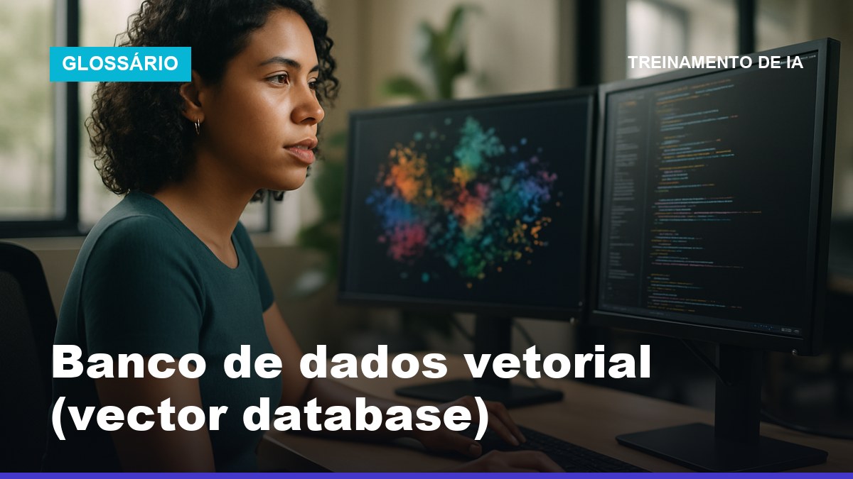 Desenvolvedora brasileira analisando um banco de dados vetorial em dois monitores no escritório