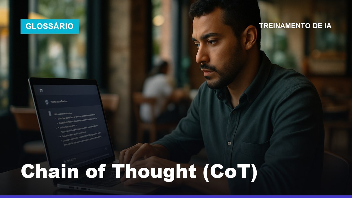 Empreendedor brasileiro escrevendo prompt com técnica chain of thought em laptop em café iluminado
