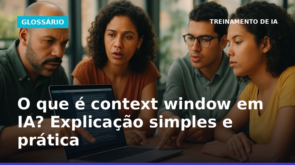 Equipe brasileira analisando janela de contexto em IA em reunião com notebook
