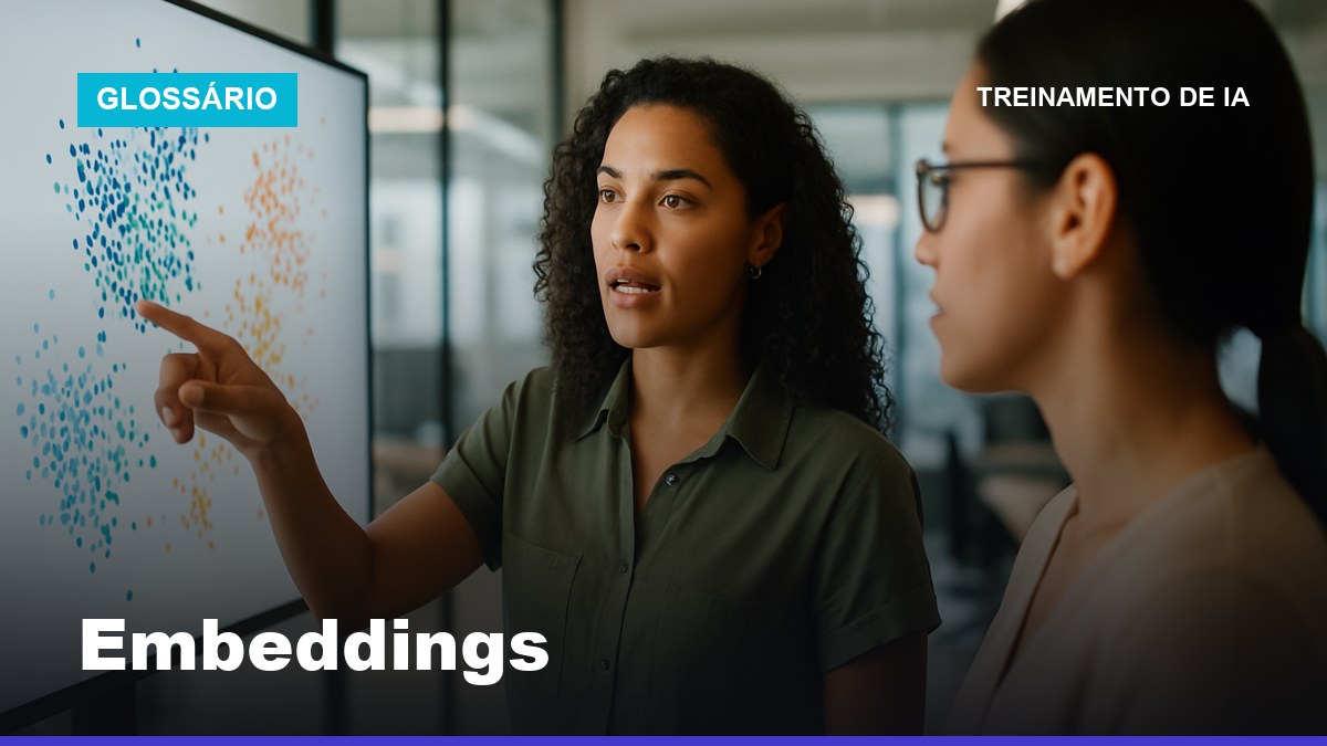 Analista de dados brasileira explicando embeddings em IA apontando para agrupamentos de vetores na tela