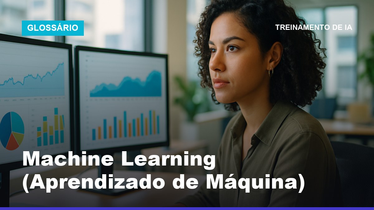Analista de dados brasileira estudando o que é machine learning em telas com gráficos de padrões em um escritório