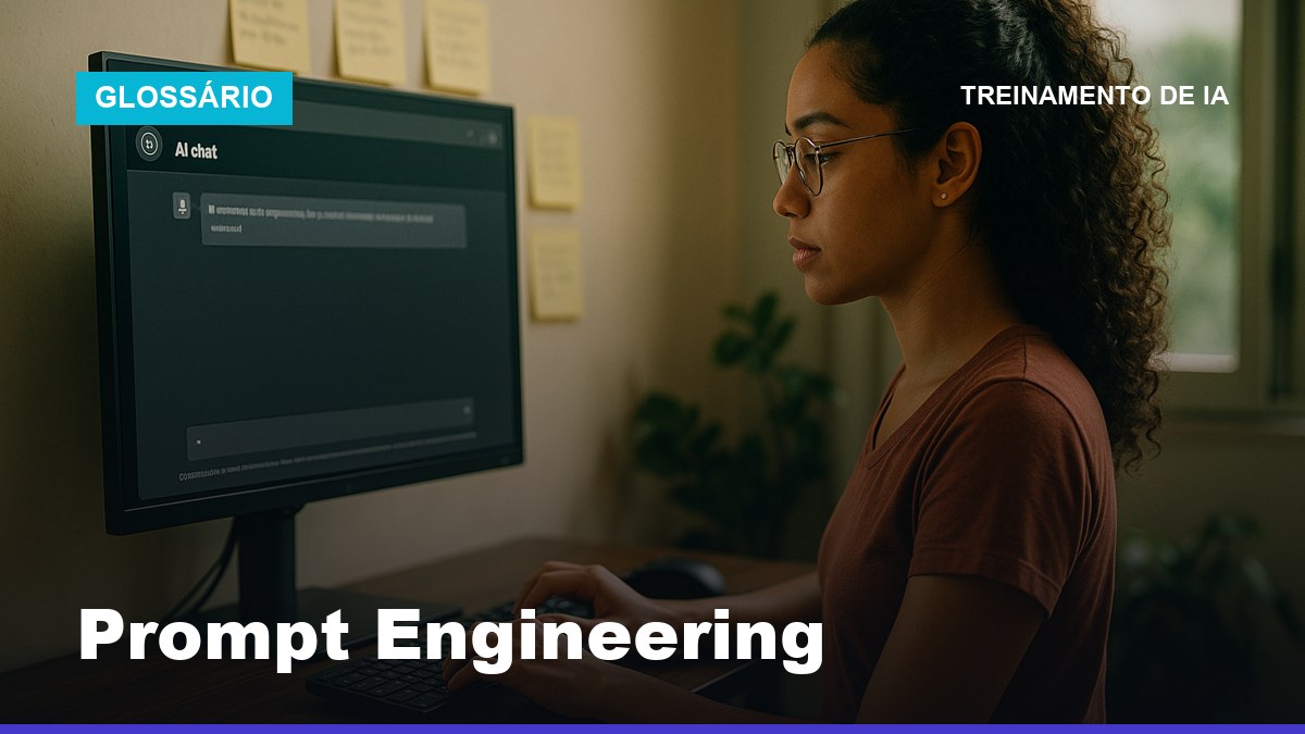 Mulher brasileira digitando prompt estruturado em ferramenta de IA, aprendendo prompt engineering na prática