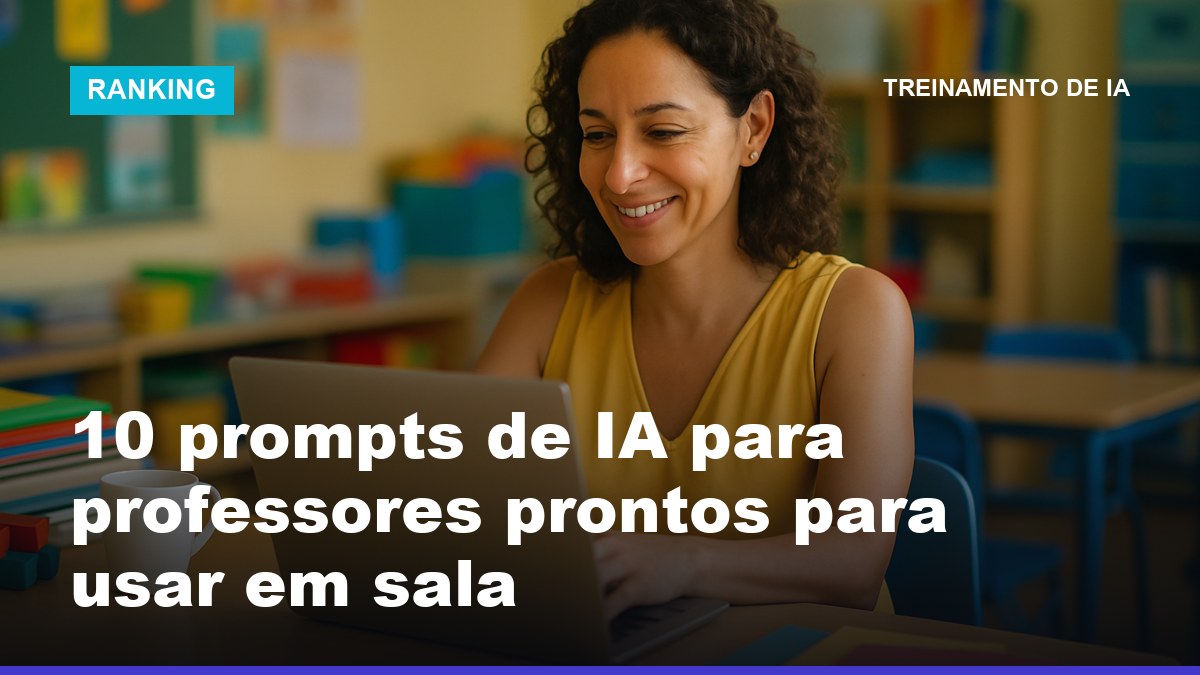 Professora brasileira escrevendo prompts de IA no laptop na sala dos professores com materiais didáticos ao redor