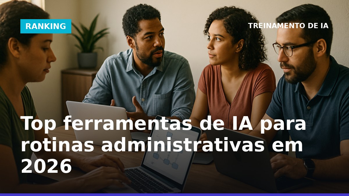 Equipe administrativa brasileira usando ferramentas de IA para rotinas do escritório