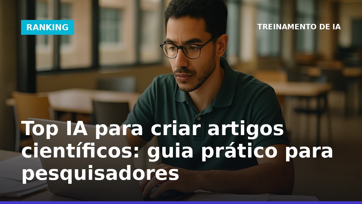 Pesquisador brasileiro utilizando IA para criar artigo científico no computador, rodeado de papéis acadêmicos