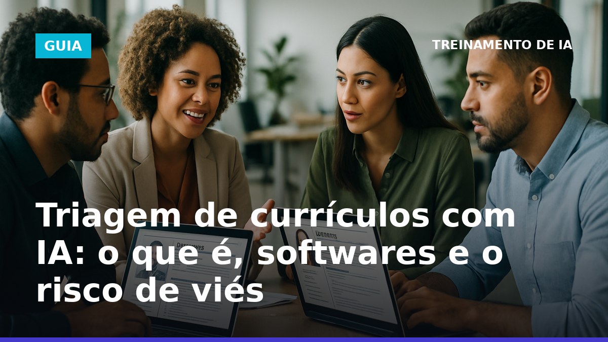 Equipe de RH brasileira analisando currículos com IA em notebooks durante reunião